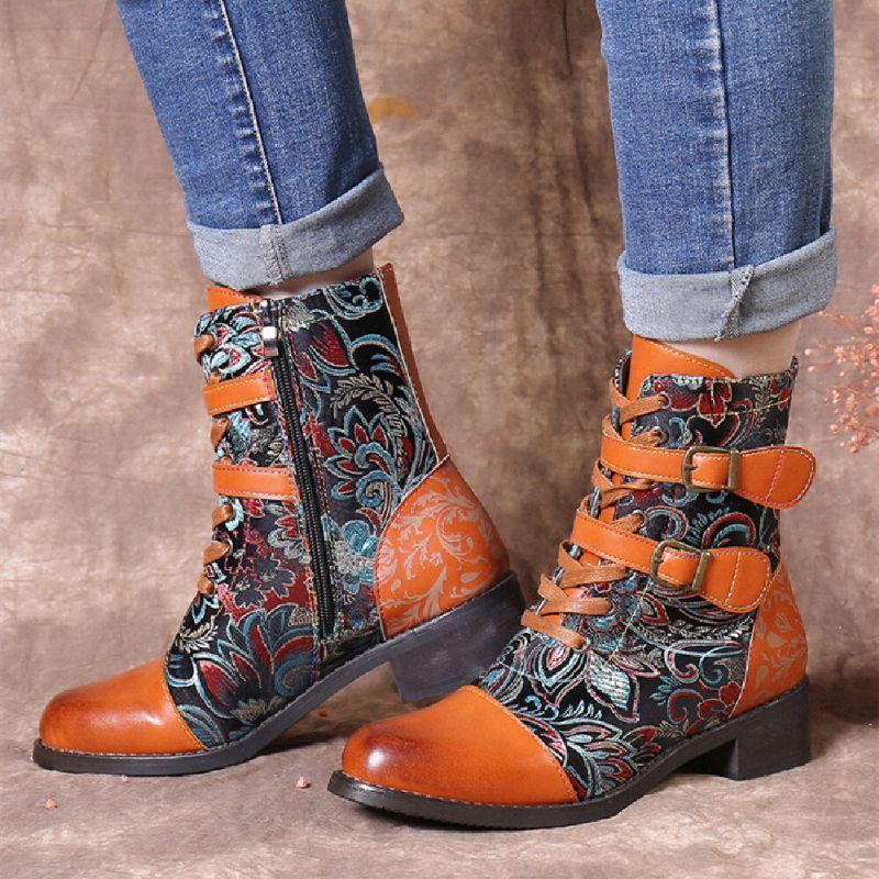 Damen Retro Nähte Wunderschöne Blumen Stoff Metallschnalle Warme Kurze Stiefel Zum Schnüren