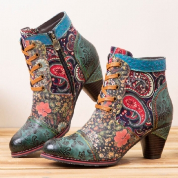 Damen Retro Paisley Muster Leder Patchwork Schnürdesign Seitlicher Reißverschluss Bequeme Kurze Stiefeletten Mit Niedrigem Absatz