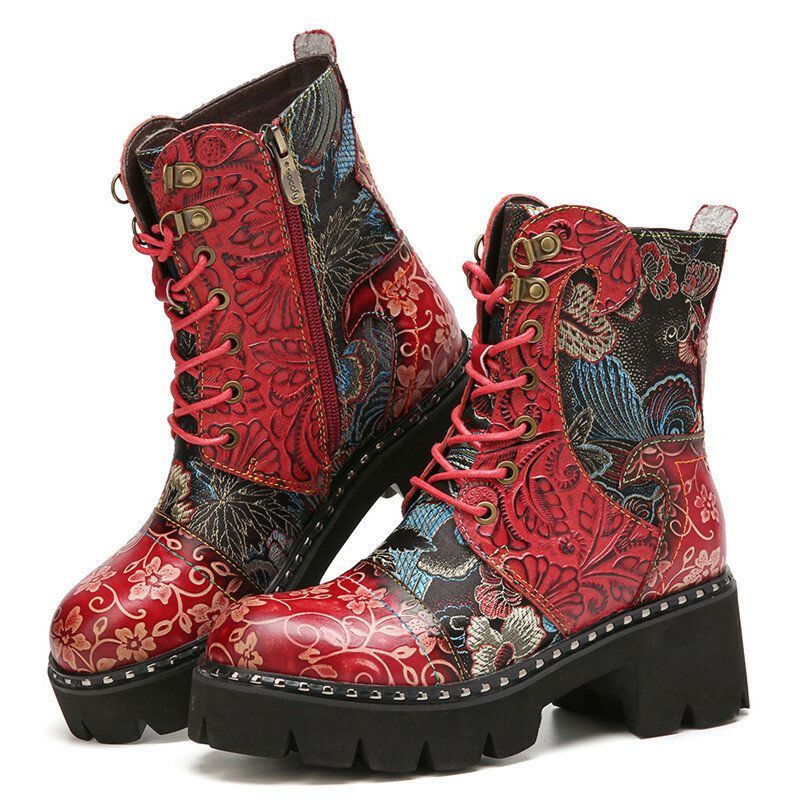 Damen Retro Rundzehen Prägung Mit Blumenstickerei Stoff Leder Spleißen Tragbar Kurze Stiefel