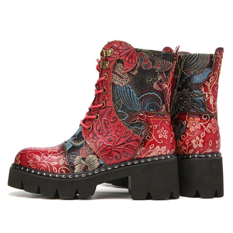 Damen Retro Rundzehen Prägung Mit Blumenstickerei Stoff Leder Spleißen Tragbar Kurze Stiefel