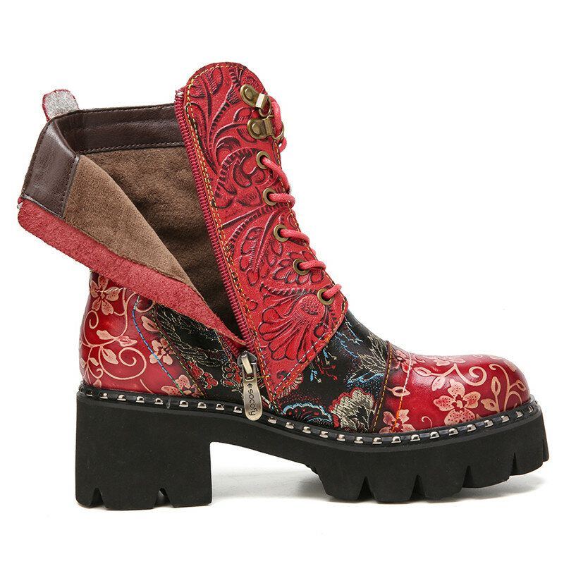 Damen Retro Rundzehen Prägung Mit Blumenstickerei Stoff Leder Spleißen Tragbar Kurze Stiefel