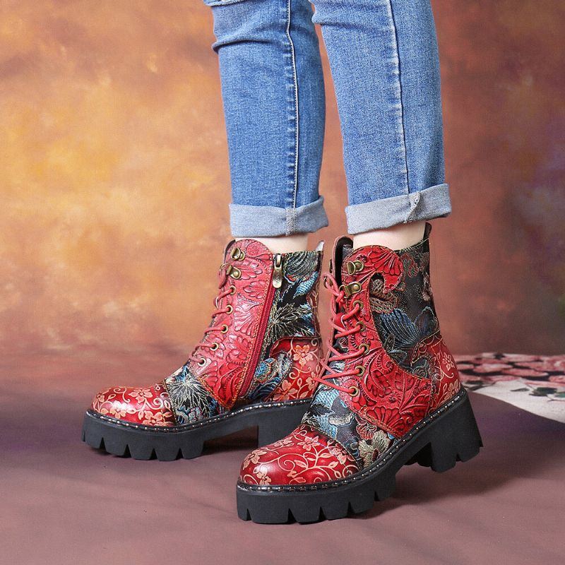 Damen Retro Rundzehen Prägung Mit Blumenstickerei Stoff Leder Spleißen Tragbar Kurze Stiefel