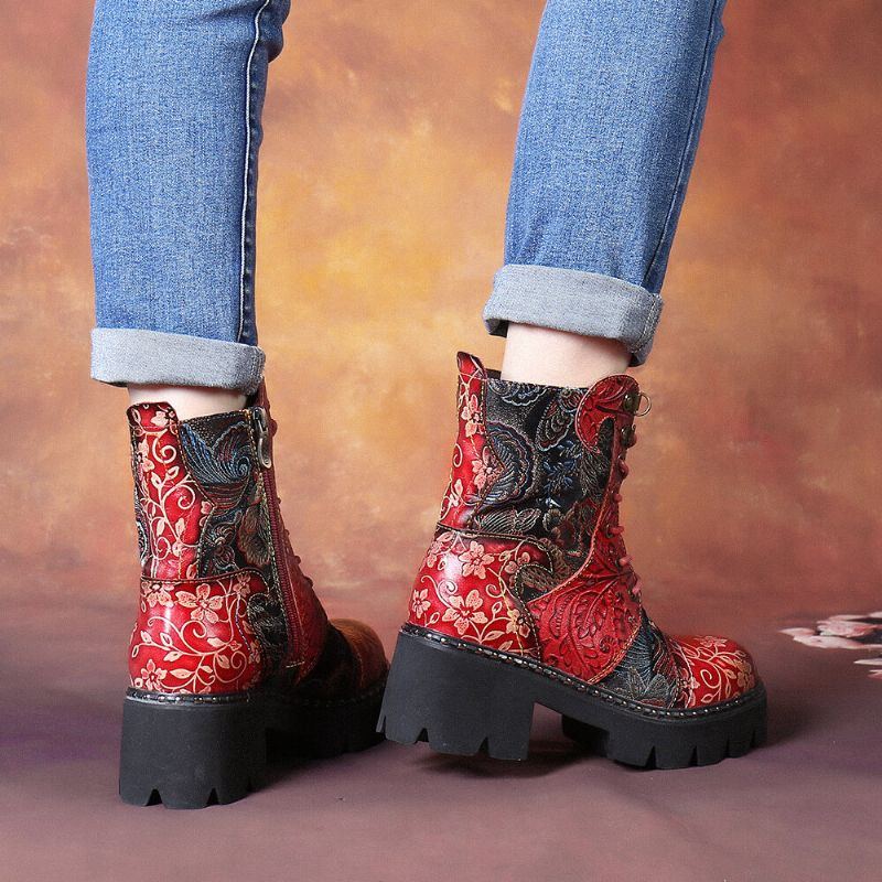 Damen Retro Rundzehen Prägung Mit Blumenstickerei Stoff Leder Spleißen Tragbar Kurze Stiefel