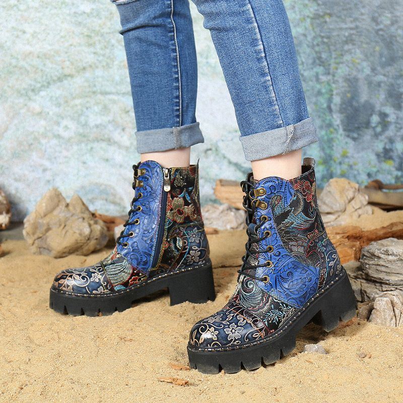 Damen Retro Rundzehen Prägung Mit Blumenstickerei Stoff Leder Spleißen Tragbar Kurze Stiefel