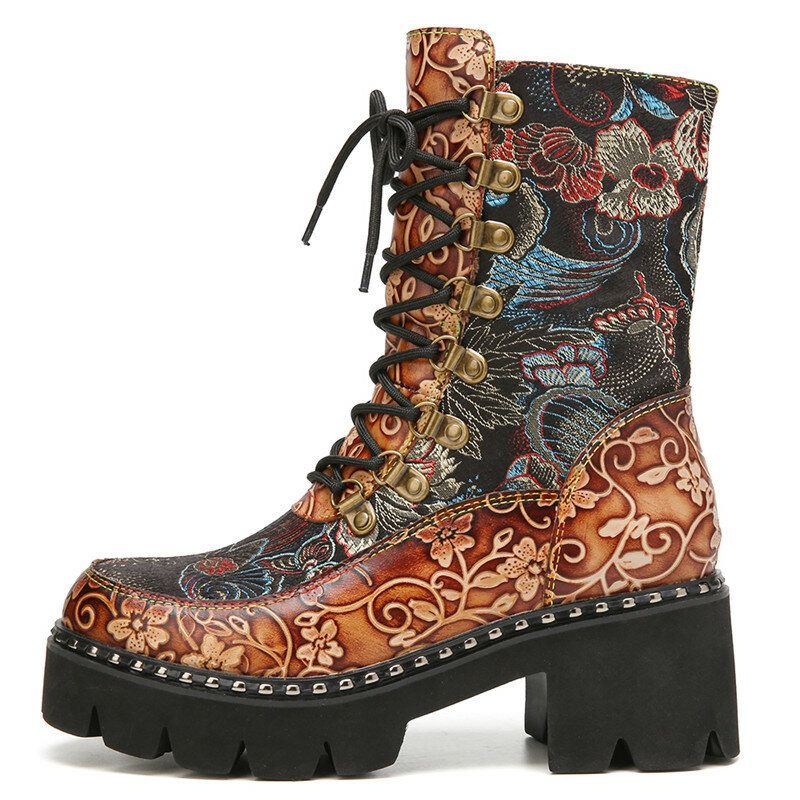 Damen Retro Rundzehen Prägung Mit Blumenstickerei Stoff Leder Spleißen Tragbar Kurze Stiefel