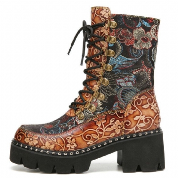 Damen Retro Rundzehen Prägung Mit Blumenstickerei Stoff Leder Spleißen Tragbar Kurze Stiefel