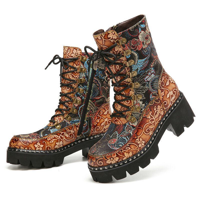 Damen Retro Rundzehen Prägung Mit Blumenstickerei Stoff Leder Spleißen Tragbar Kurze Stiefel