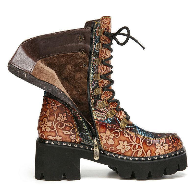 Damen Retro Rundzehen Prägung Mit Blumenstickerei Stoff Leder Spleißen Tragbar Kurze Stiefel