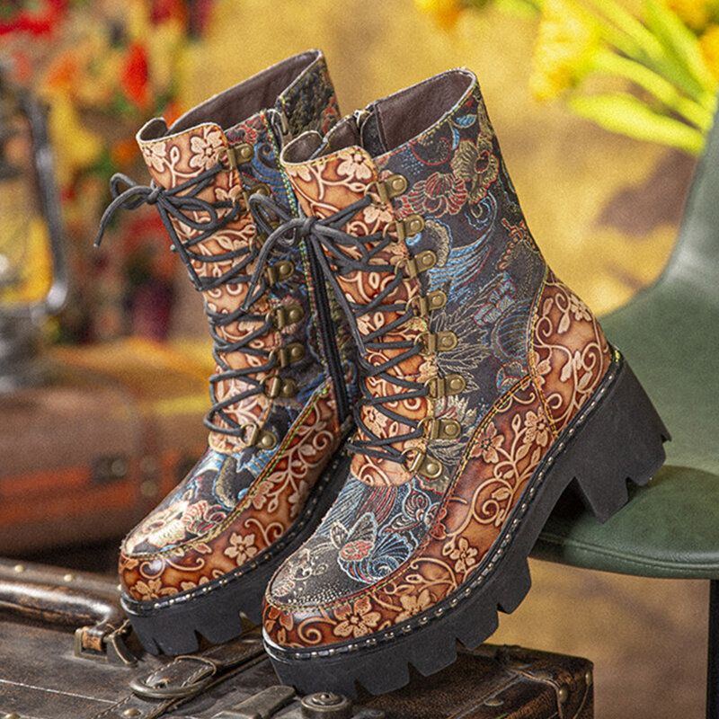 Damen Retro Rundzehen Prägung Mit Blumenstickerei Stoff Leder Spleißen Tragbar Kurze Stiefel