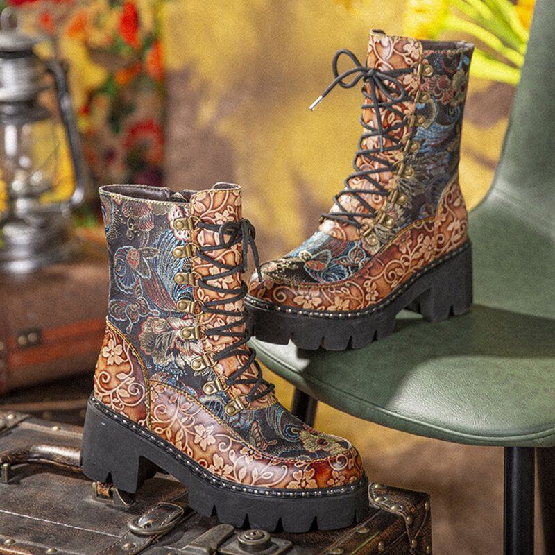 Damen Retro Rundzehen Prägung Mit Blumenstickerei Stoff Leder Spleißen Tragbar Kurze Stiefel