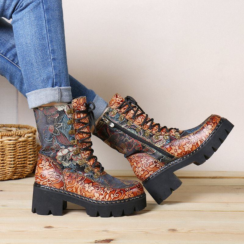 Damen Retro Rundzehen Prägung Mit Blumenstickerei Stoff Leder Spleißen Tragbar Kurze Stiefel