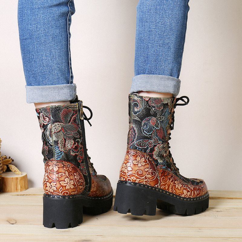 Damen Retro Rundzehen Prägung Mit Blumenstickerei Stoff Leder Spleißen Tragbar Kurze Stiefel