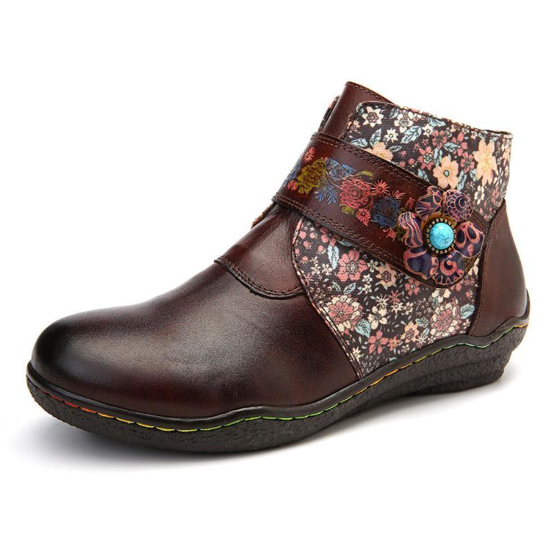 Damen Retro Stiefel Aus Weichem Leder Mit Kleinen Blumen Und Farbenfrohen Nähten