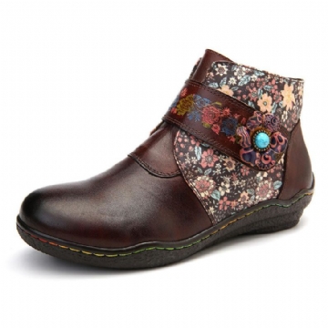 Damen Retro Stiefel Aus Weichem Leder Mit Kleinen Blumen Und Farbenfrohen Nähten