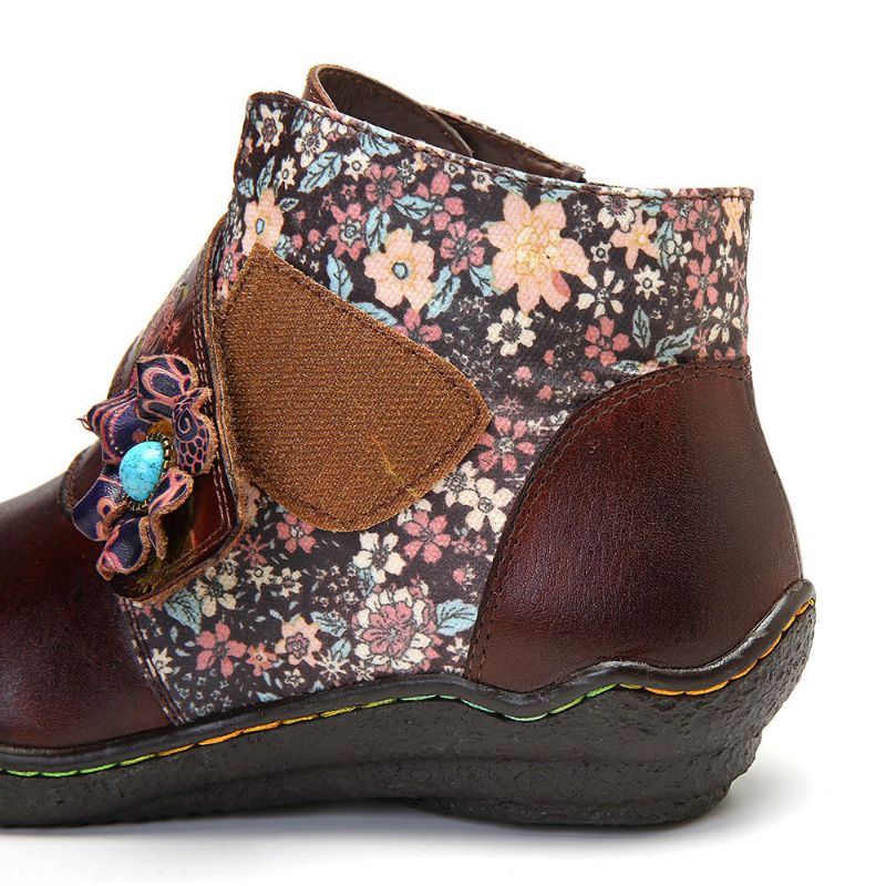 Damen Retro Stiefel Aus Weichem Leder Mit Kleinen Blumen Und Farbenfrohen Nähten