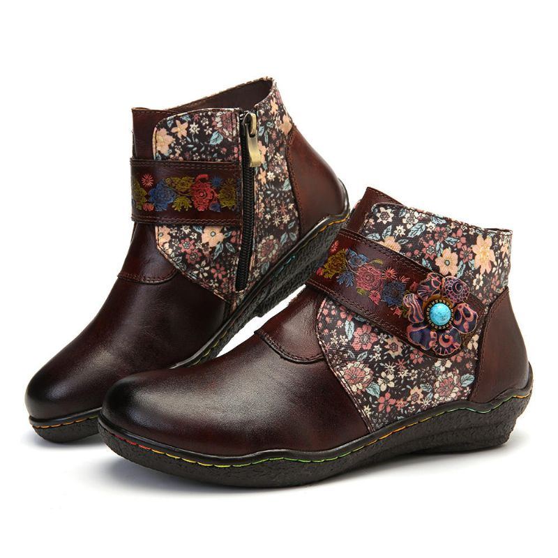 Damen Retro Stiefel Aus Weichem Leder Mit Kleinen Blumen Und Farbenfrohen Nähten