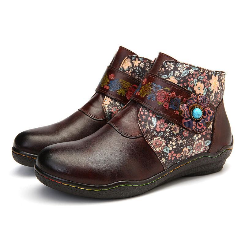 Damen Retro Stiefel Aus Weichem Leder Mit Kleinen Blumen Und Farbenfrohen Nähten