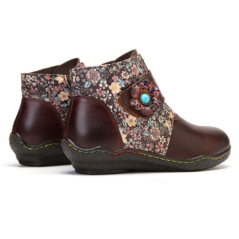 Damen Retro Stiefel Aus Weichem Leder Mit Kleinen Blumen Und Farbenfrohen Nähten