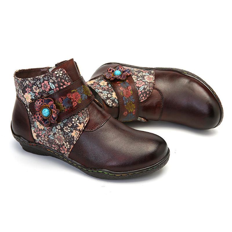 Damen Retro Stiefel Aus Weichem Leder Mit Kleinen Blumen Und Farbenfrohen Nähten