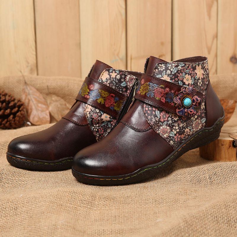 Damen Retro Stiefel Aus Weichem Leder Mit Kleinen Blumen Und Farbenfrohen Nähten