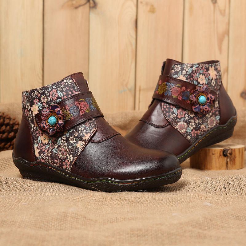 Damen Retro Stiefel Aus Weichem Leder Mit Kleinen Blumen Und Farbenfrohen Nähten