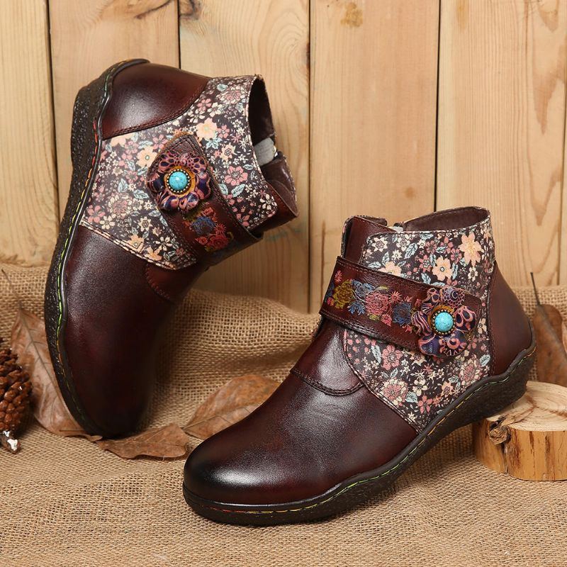 Damen Retro Stiefel Aus Weichem Leder Mit Kleinen Blumen Und Farbenfrohen Nähten