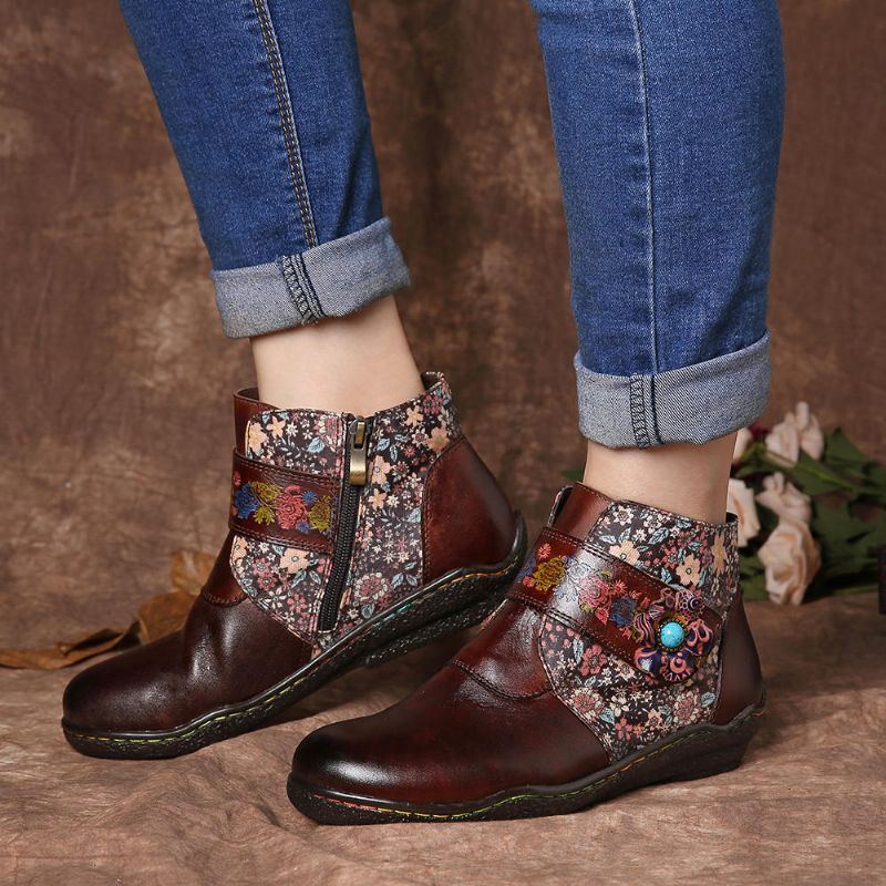 Damen Retro Stiefel Aus Weichem Leder Mit Kleinen Blumen Und Farbenfrohen Nähten