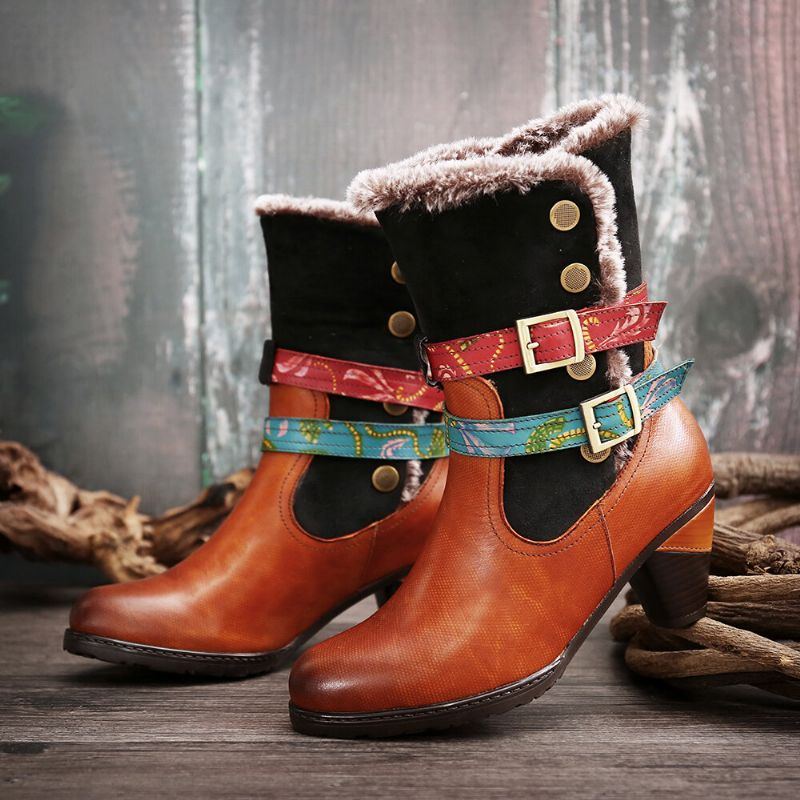 Damen Retro Warm Gemütlich Pelz Bunte Schnalle Stilvolle Winter Stiefeletten