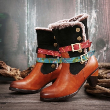 Damen Retro Warm Gemütlich Pelz Bunte Schnalle Stilvolle Winter Stiefeletten