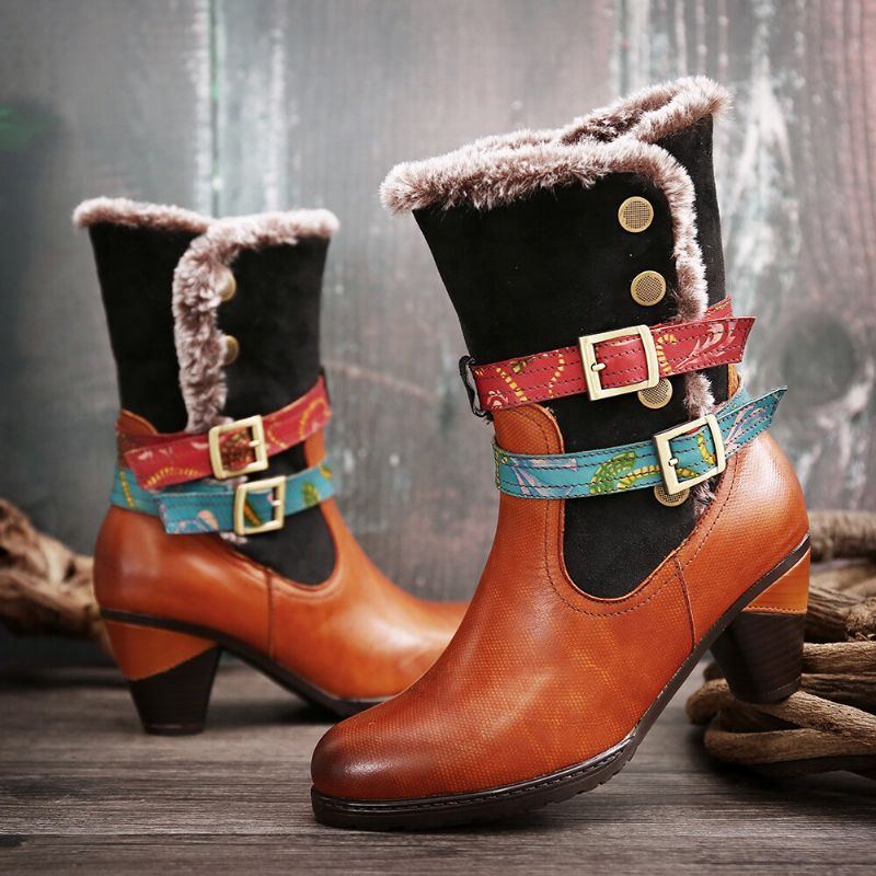 Damen Retro Warm Gemütlich Pelz Bunte Schnalle Stilvolle Winter Stiefeletten