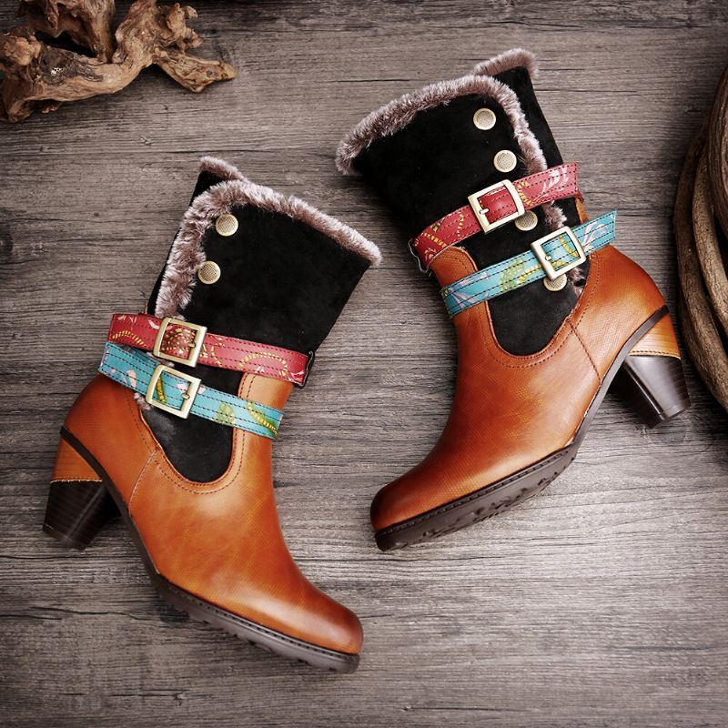 Damen Retro Warm Gemütlich Pelz Bunte Schnalle Stilvolle Winter Stiefeletten