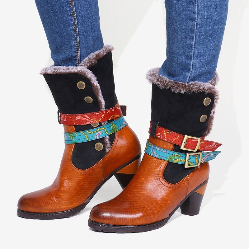 Damen Retro Warm Gemütlich Pelz Bunte Schnalle Stilvolle Winter Stiefeletten