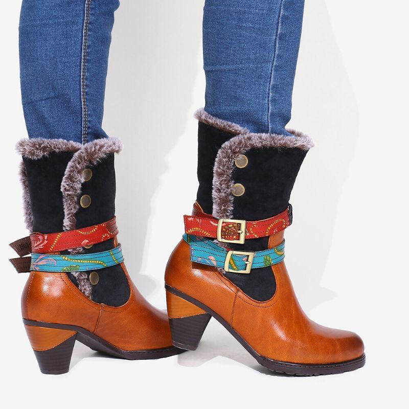 Damen Retro Warm Gemütlich Pelz Bunte Schnalle Stilvolle Winter Stiefeletten