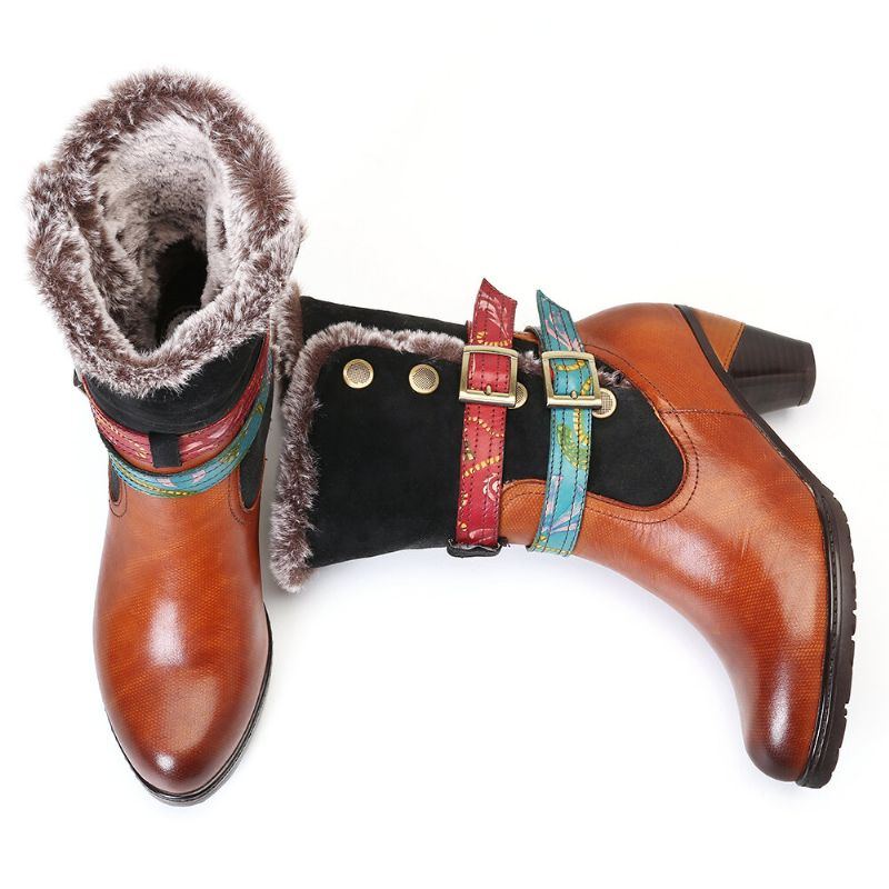 Damen Retro Warm Gemütlich Pelz Bunte Schnalle Stilvolle Winter Stiefeletten