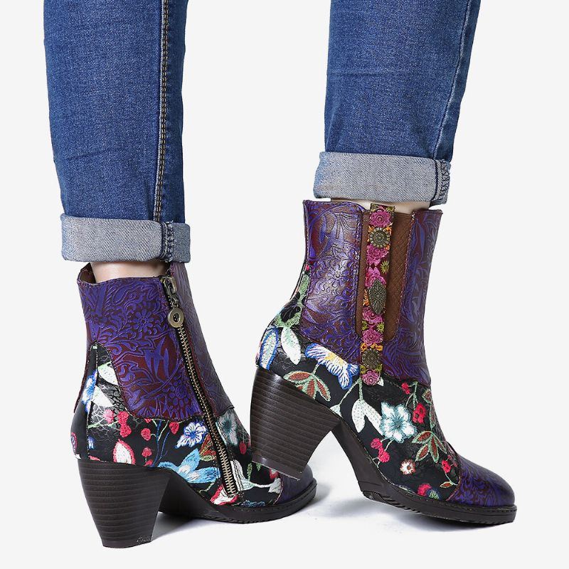 Damen Spleißblumenmuster Runde Zehenpartie Warm Gefütterter Reißverschluss Mittelhohe Chelsea Stiefel