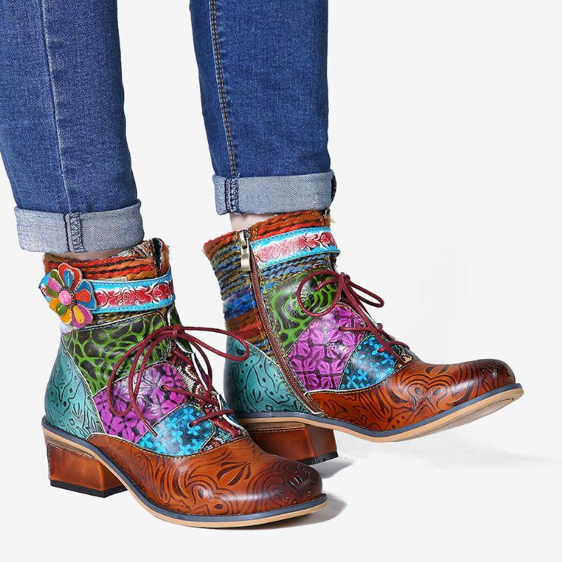 Damen Spleißmuster Flower Deco Blockabsatz Verstellbare Stiefeletten Mit Reißverschluss