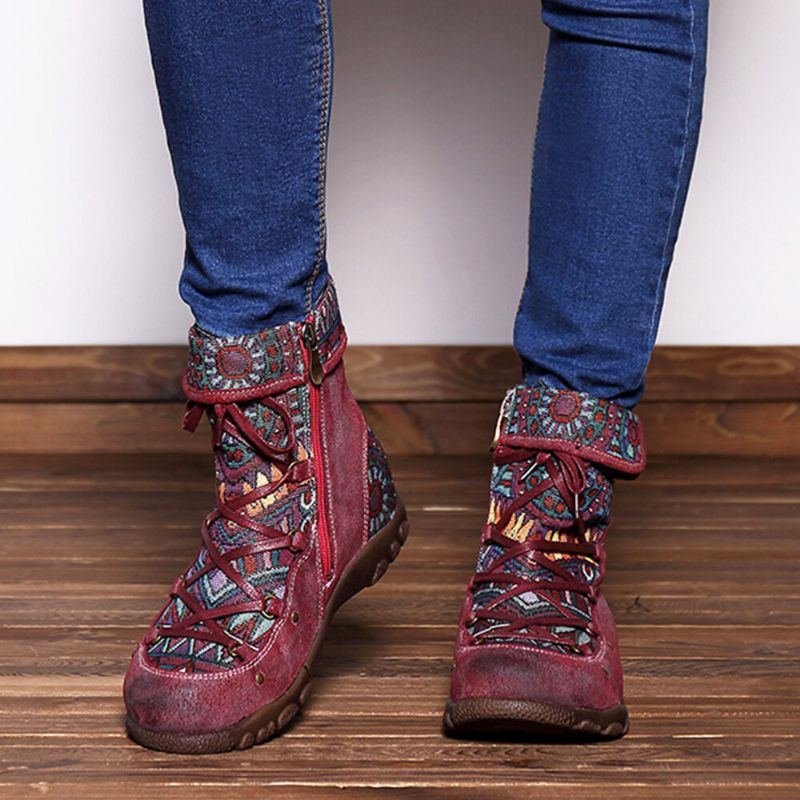 Damen Stiefeletten Aus Echtem Leder Mit Jacquard Muster Und Reißverschluss