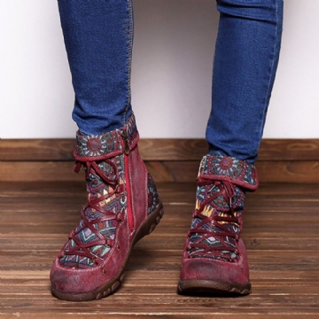 Damen Stiefeletten Aus Echtem Leder Mit Jacquard Muster Und Reißverschluss