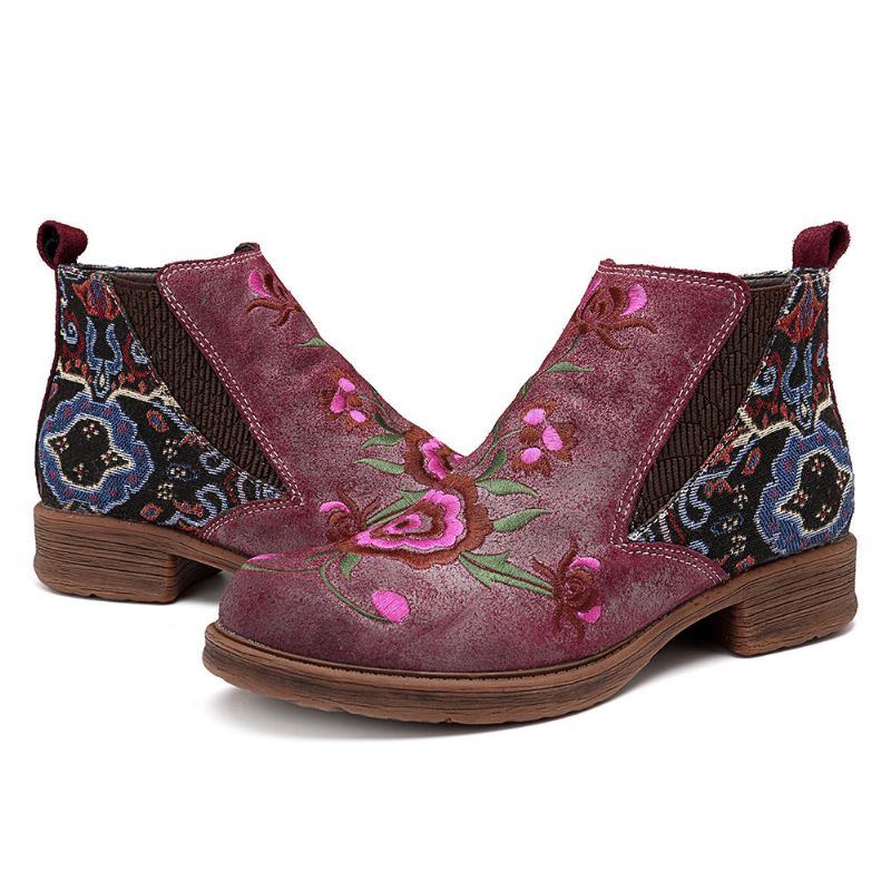 Damen Stiefeletten Aus Leder Mit Aufgestickten Blumen