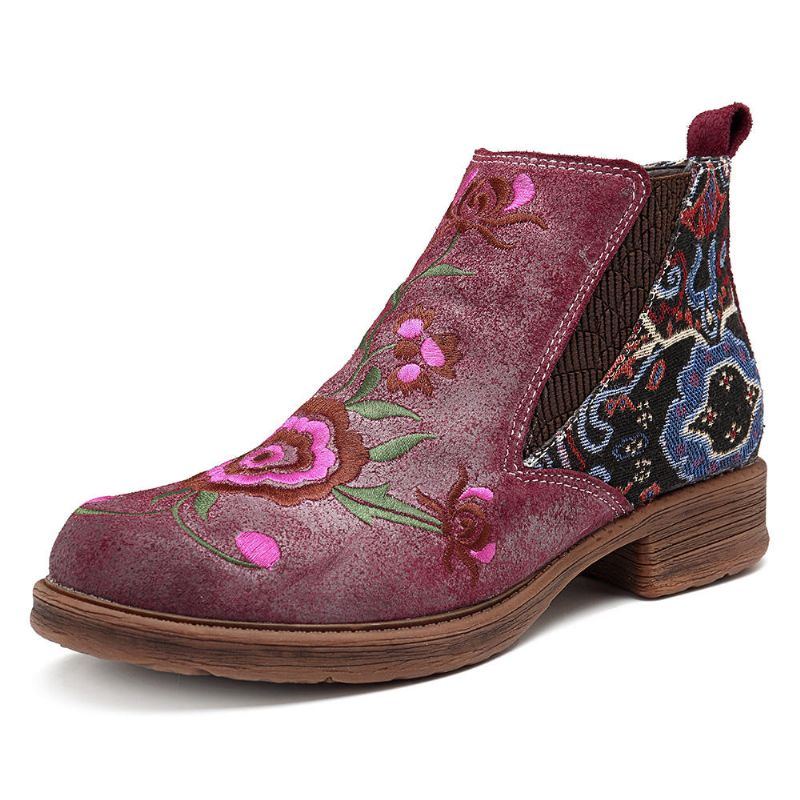 Damen Stiefeletten Aus Leder Mit Aufgestickten Blumen