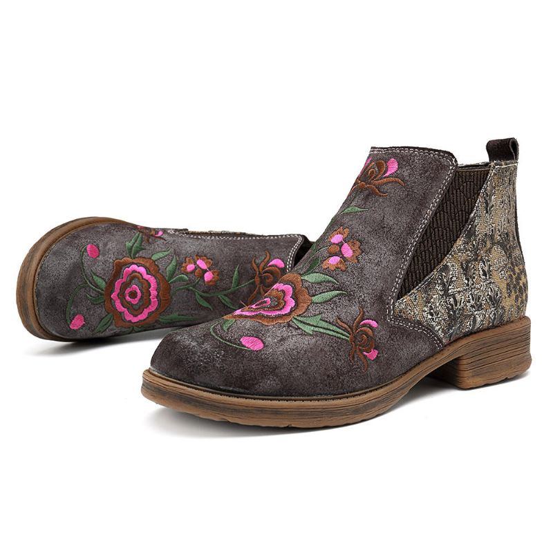 Damen Stiefeletten Aus Leder Mit Aufgestickten Blumen