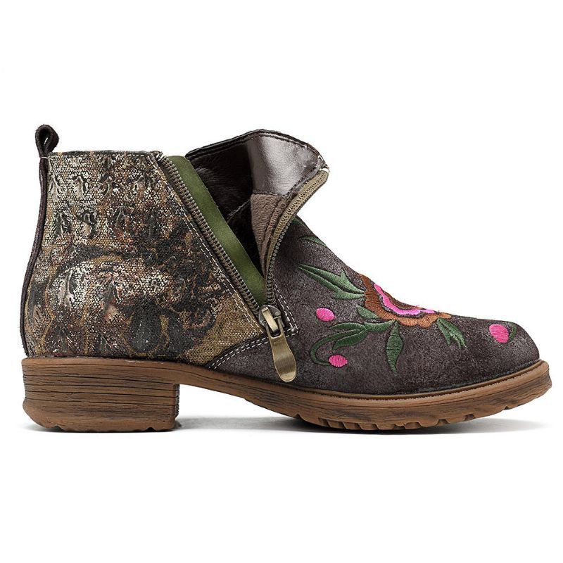 Damen Stiefeletten Aus Leder Mit Aufgestickten Blumen