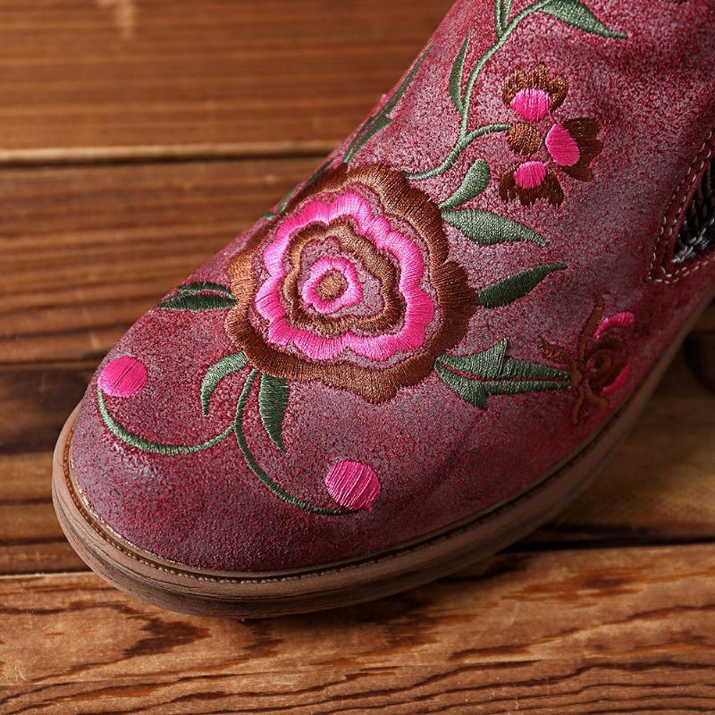 Damen Stiefeletten Aus Leder Mit Aufgestickten Blumen