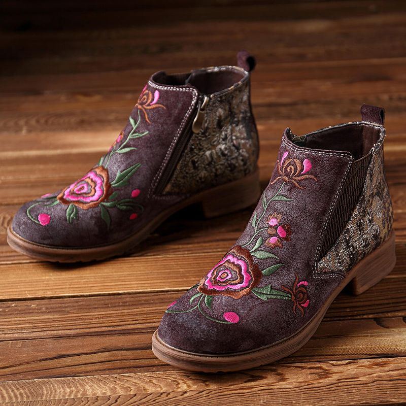 Damen Stiefeletten Aus Leder Mit Aufgestickten Blumen