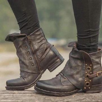 Damen Stiefeletten Aus Leder Mit Nietenschnalle Und Reißverschluss