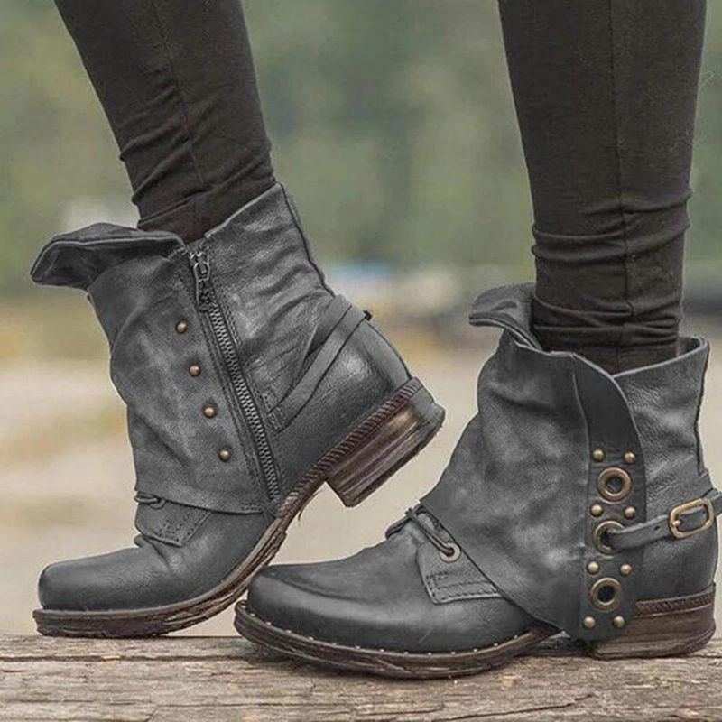 Damen Stiefeletten Aus Leder Mit Nietenschnalle Und Reißverschluss