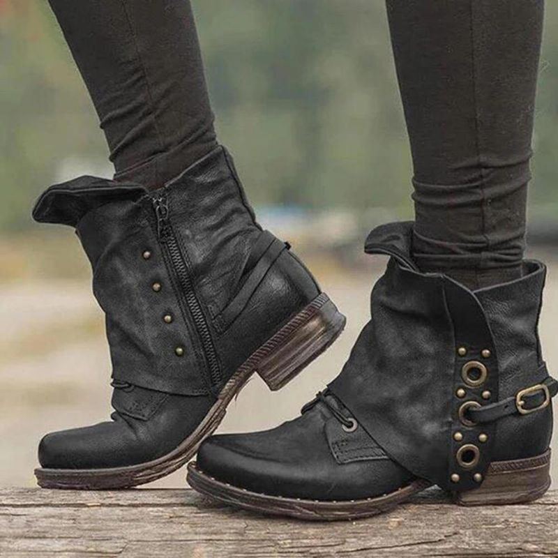 Damen Stiefeletten Aus Leder Mit Nietenschnalle Und Reißverschluss