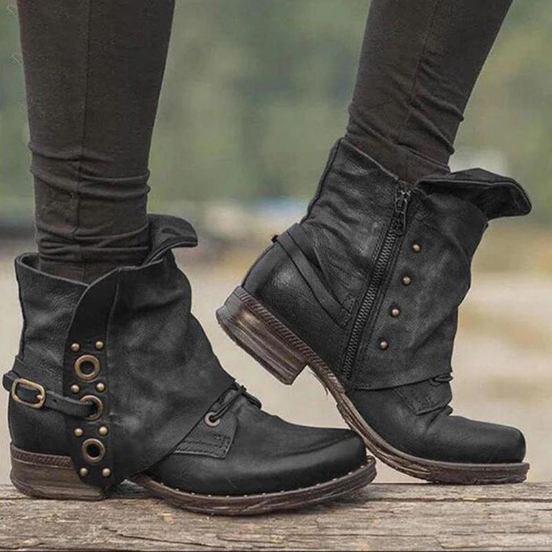 Damen Stiefeletten Aus Leder Mit Nietenschnalle Und Reißverschluss