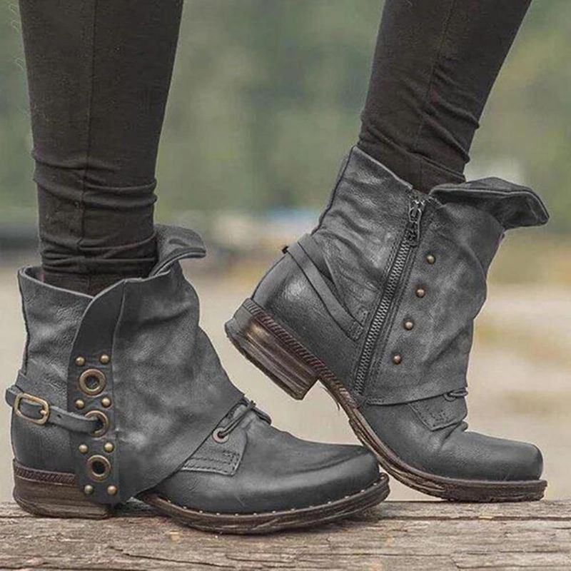 Damen Stiefeletten Aus Leder Mit Nietenschnalle Und Reißverschluss