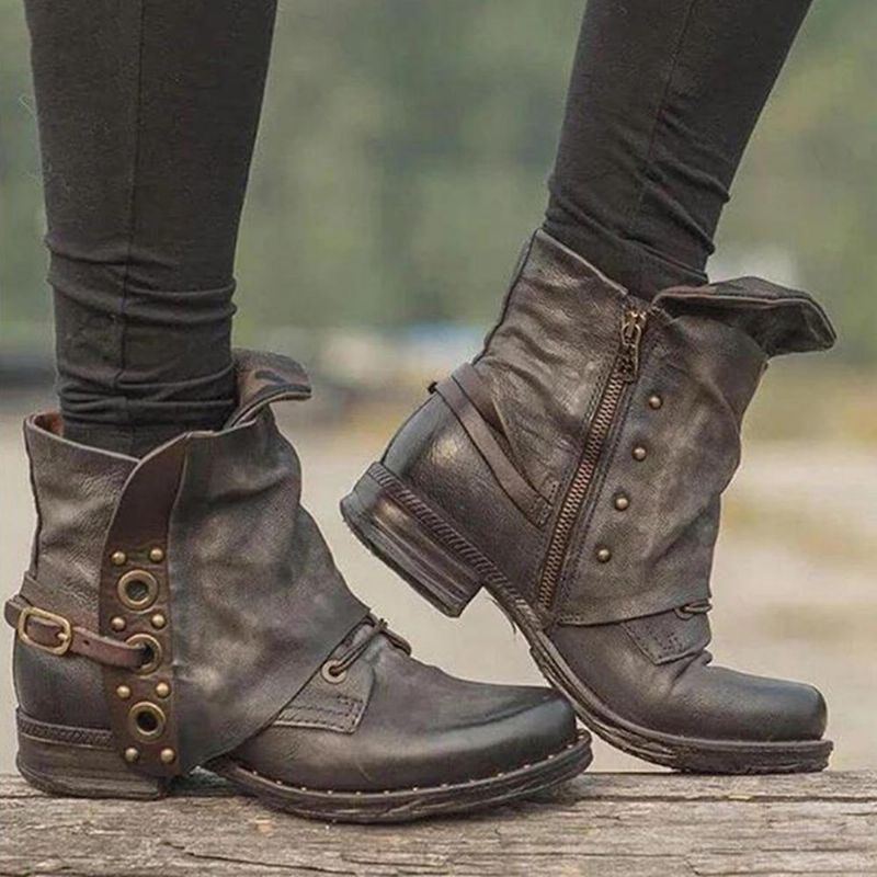 Damen Stiefeletten Aus Leder Mit Nietenschnalle Und Reißverschluss